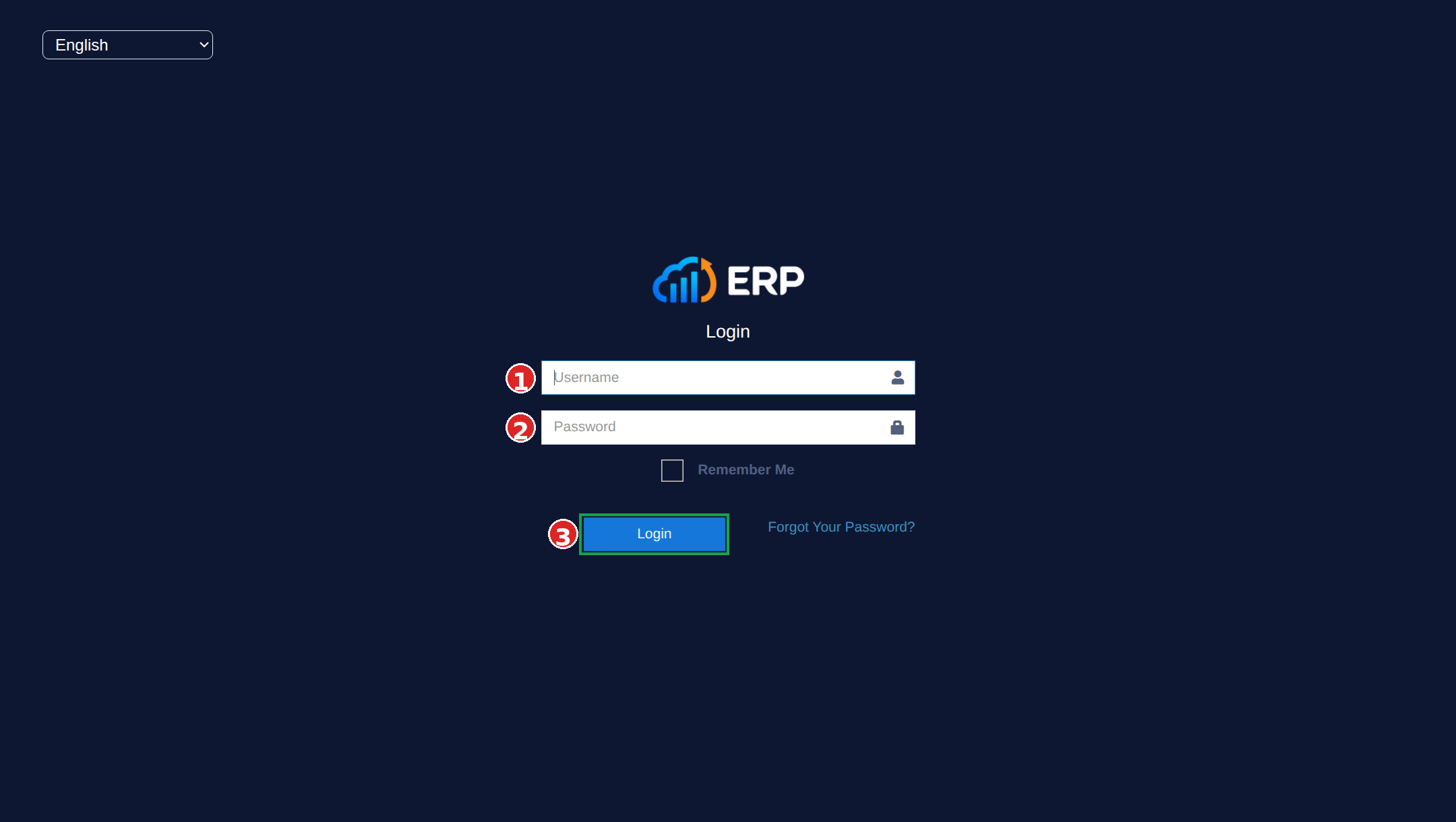 Login screen with numbered callouts: 1 Username, 2 Password, 3 Login button
