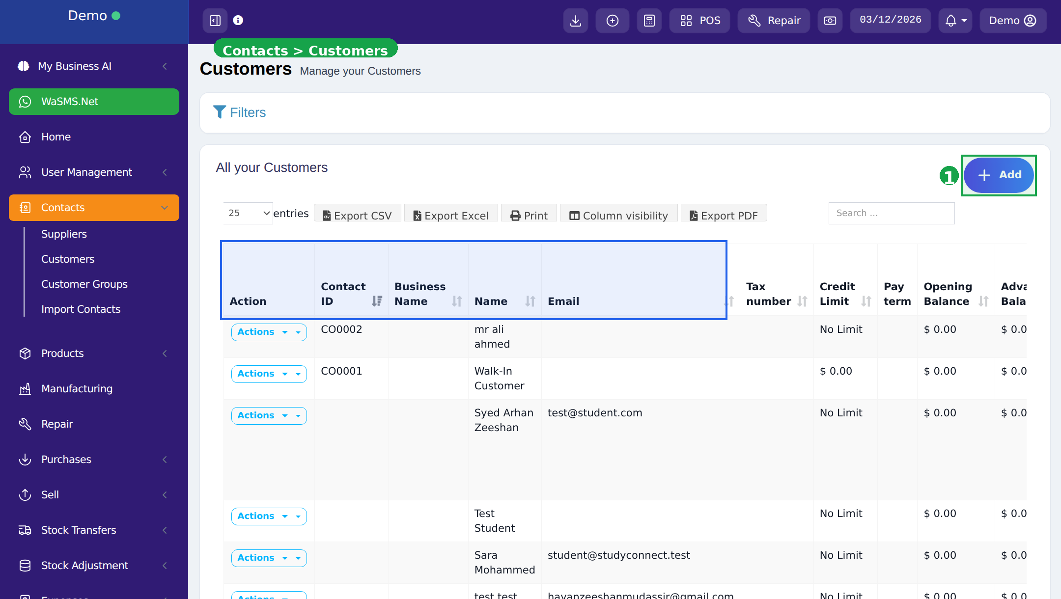Contacts page showing customer list