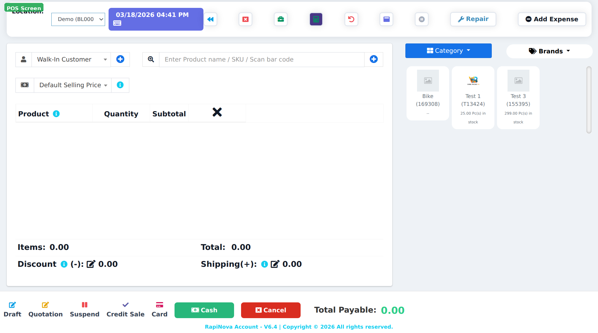 POS screen showing the Kitchen Order checkbox and product cart