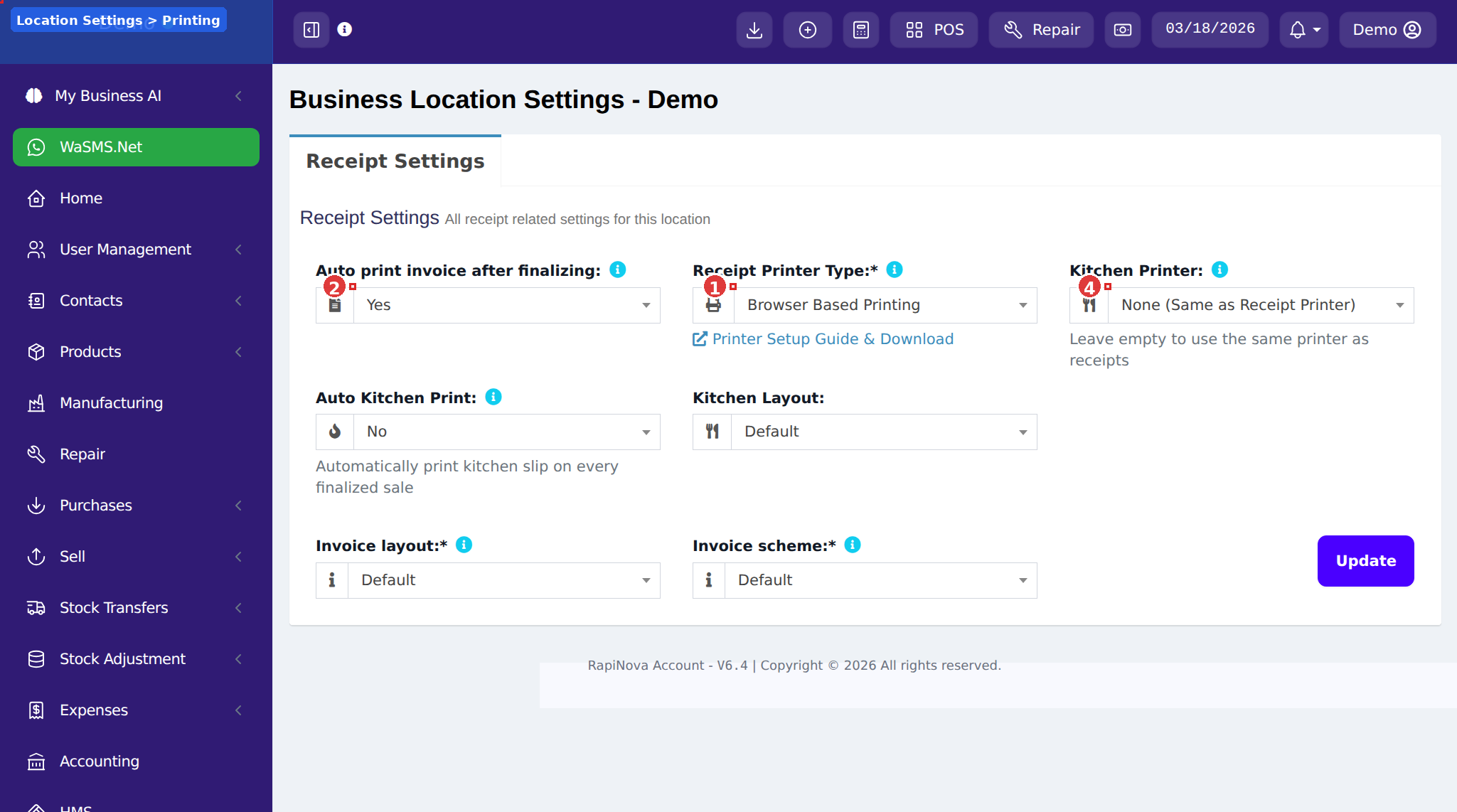 Location Settings showing Receipt Printer Type, Auto Print, Receipt Printer, and Kitchen Printer dropdowns with numbered callouts